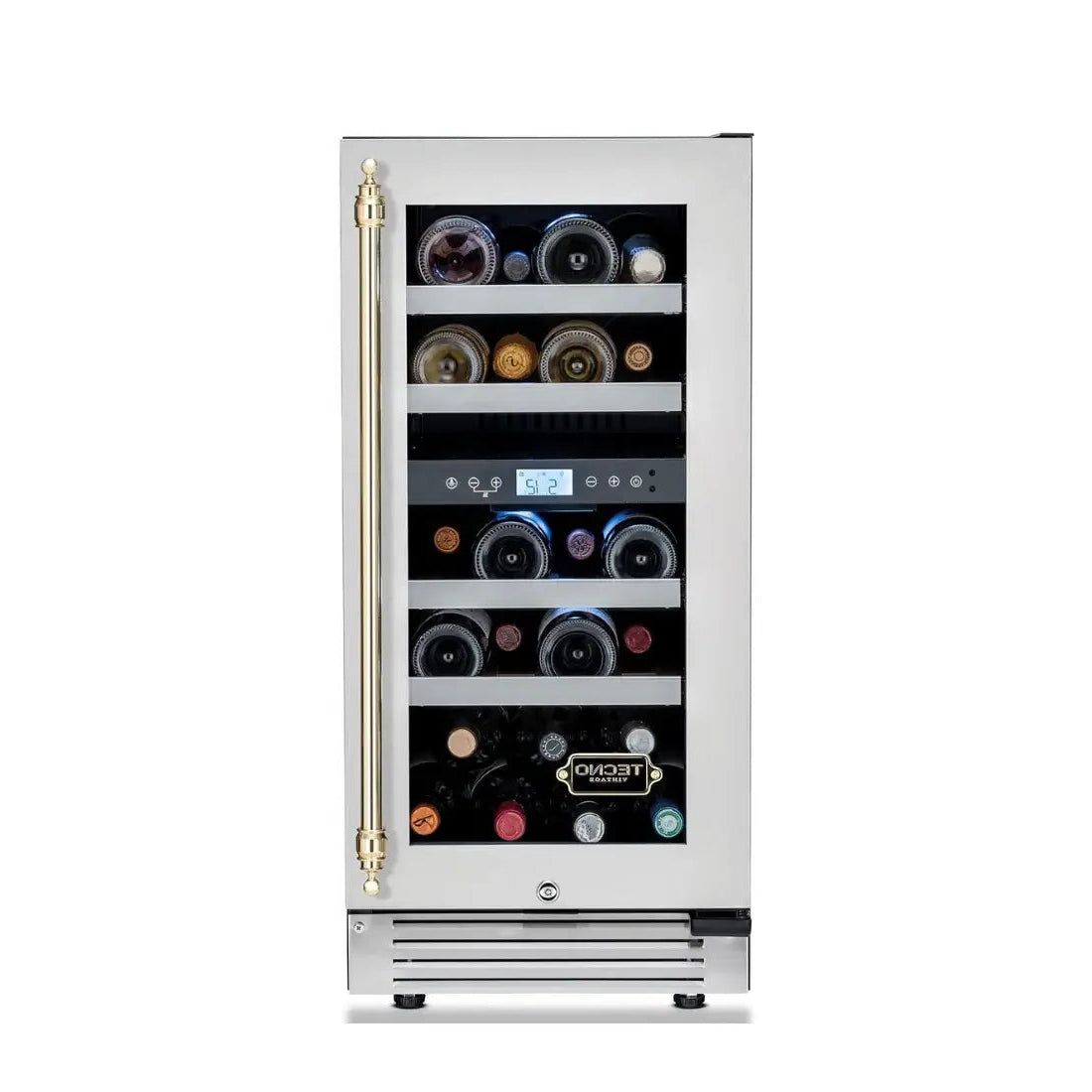 Alt Tag: Adega Tecno Vintage 23 Garrafas em inox com abertura direita, prateleiras e painel digital para vinho